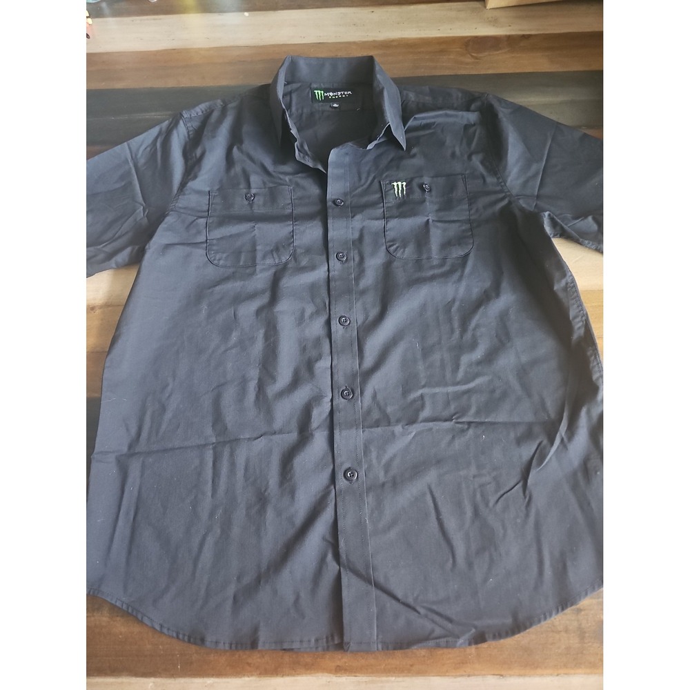 Monster Energy Men's XL Black Button Up Work Shirt Embroidered Logo Racing 0059